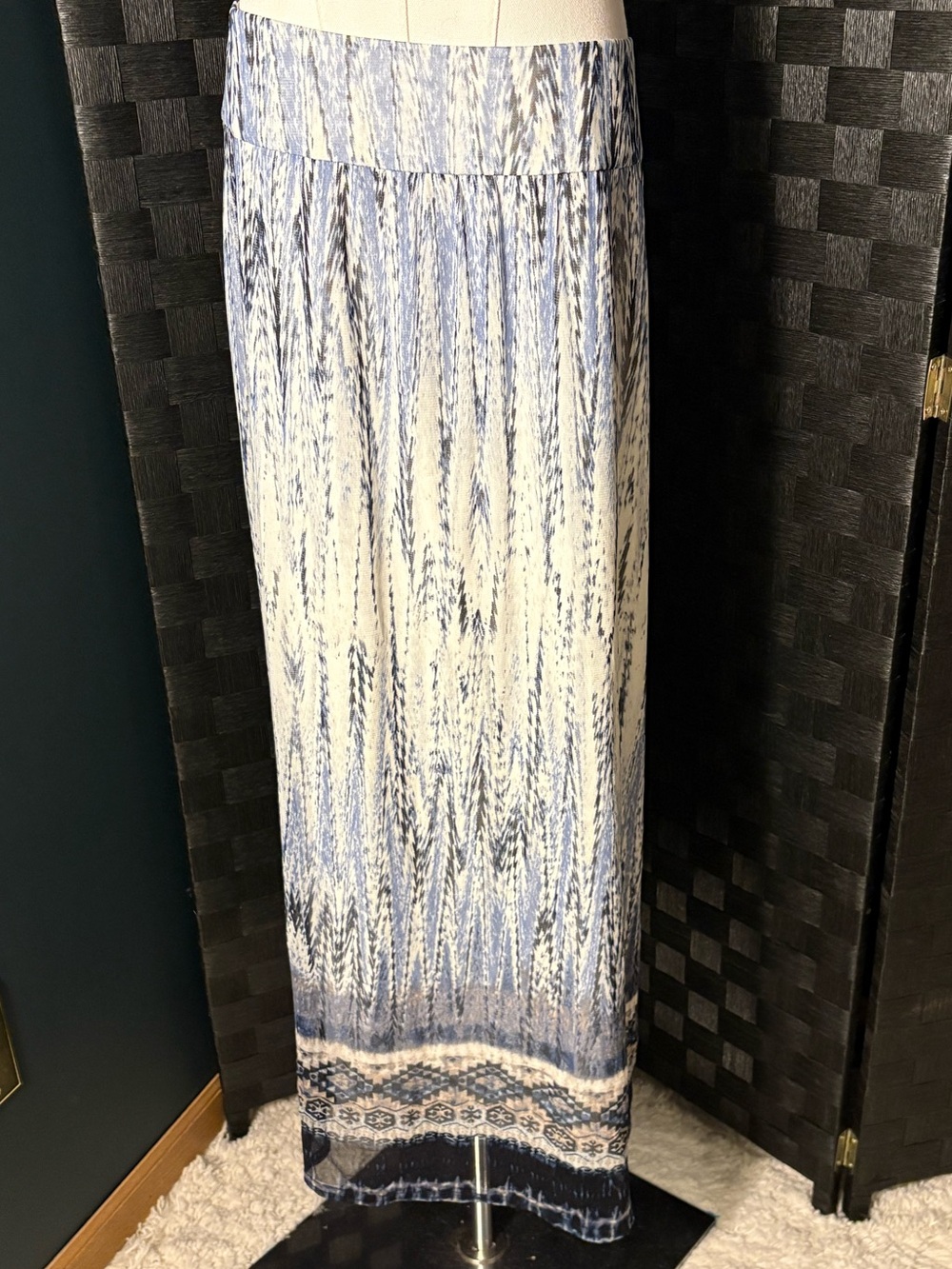 Chico's Melissa Feathered Tribal Print Maxi Skirt Blue Chiffon Lined Boho